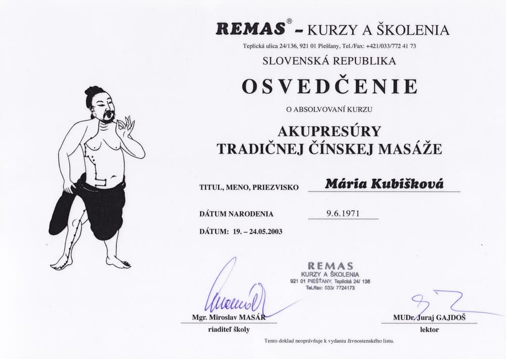 Certifikát Akupresúra - Mária Kubišková, masérka Senec