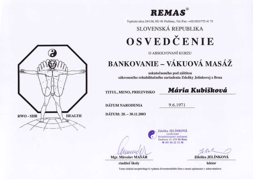 Certifikát Bankovanie - Mária Kubišková, masérka Senec