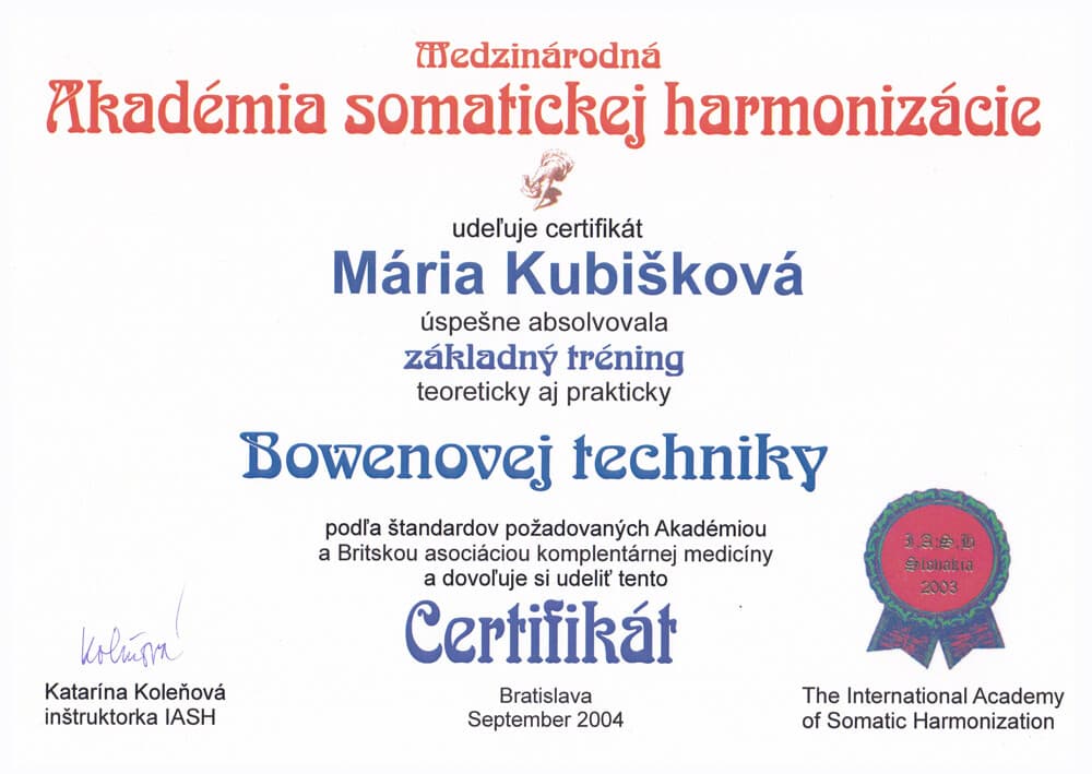 Certifikát Bowenova technika - Mária Kubišková, masérka Senec
