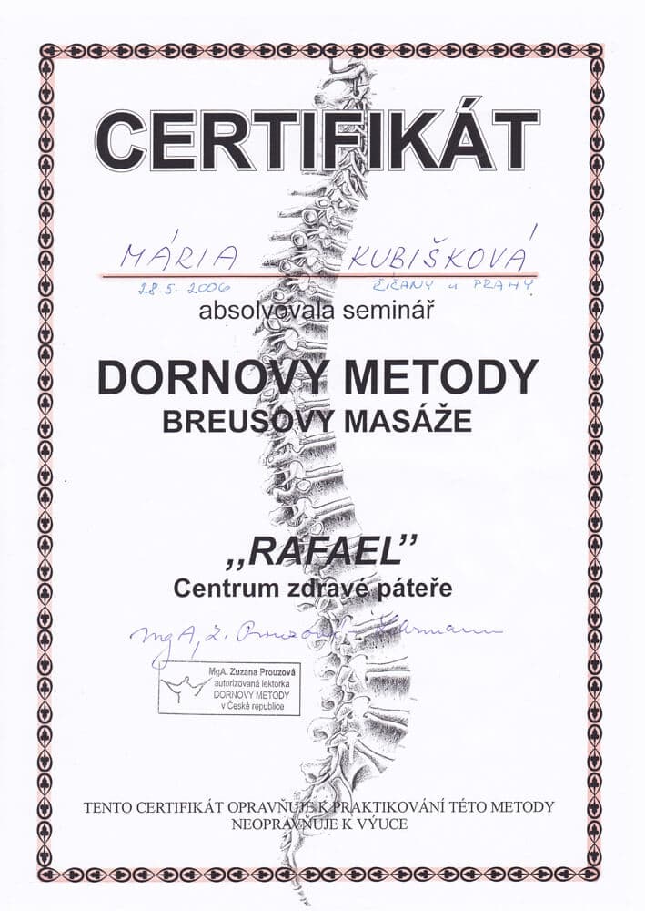 Certifikát Dornova metóda - Mária Kubišková, masérka Senec
