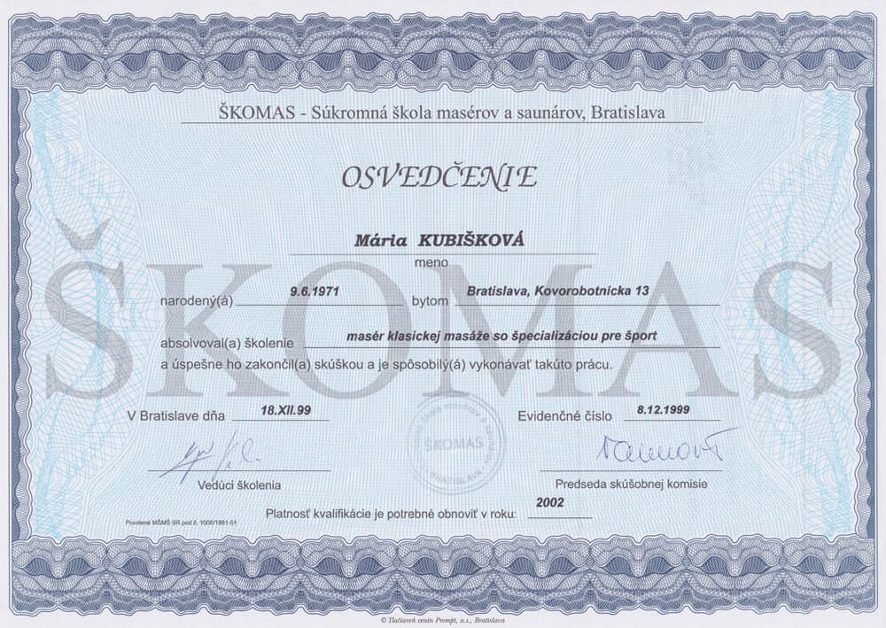 Certifikát Klasická masáž - Mária Kubišková, masérka Senec