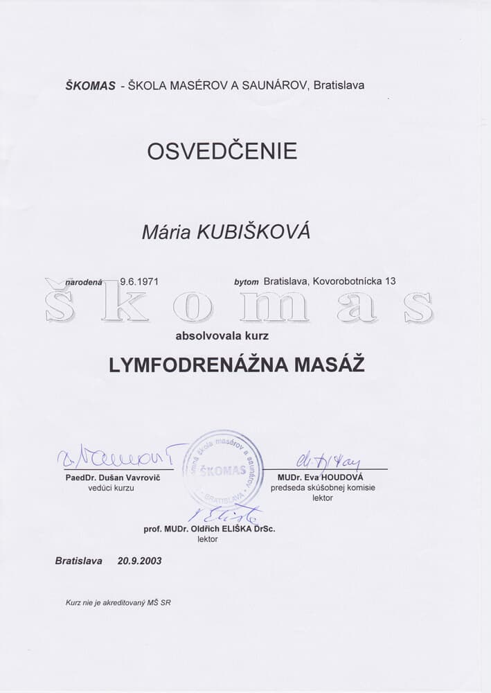 Certifikát Lymfodrenáž - Mária Kubišková, masérka Senec