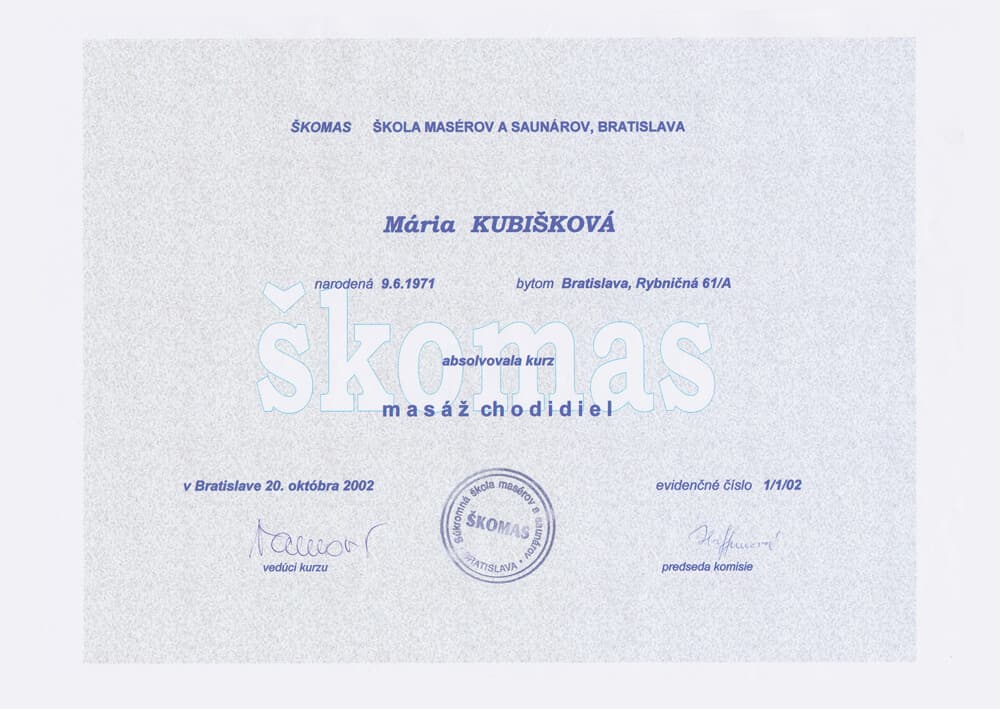 Certifikát Masáž chodidiel - Mária Kubišková, masérka Senec