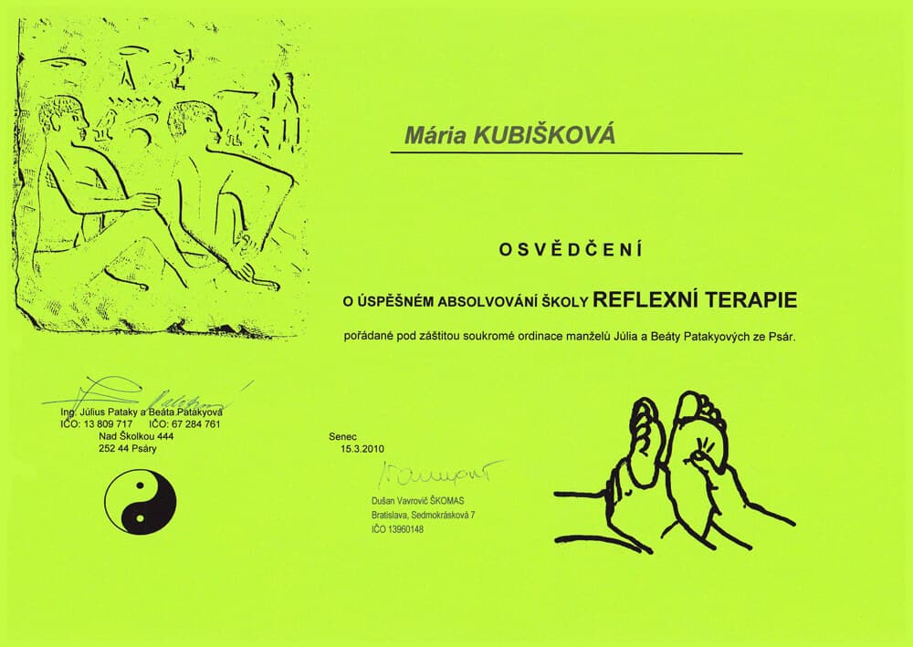 Certifikát Reflexná terapia chodidiel I - Mária Kubišková, masérka Senec