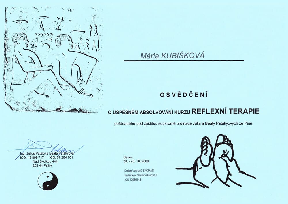 Certifikát Reflexná terapia chodidiel II - Mária Kubišková, masérka Senec