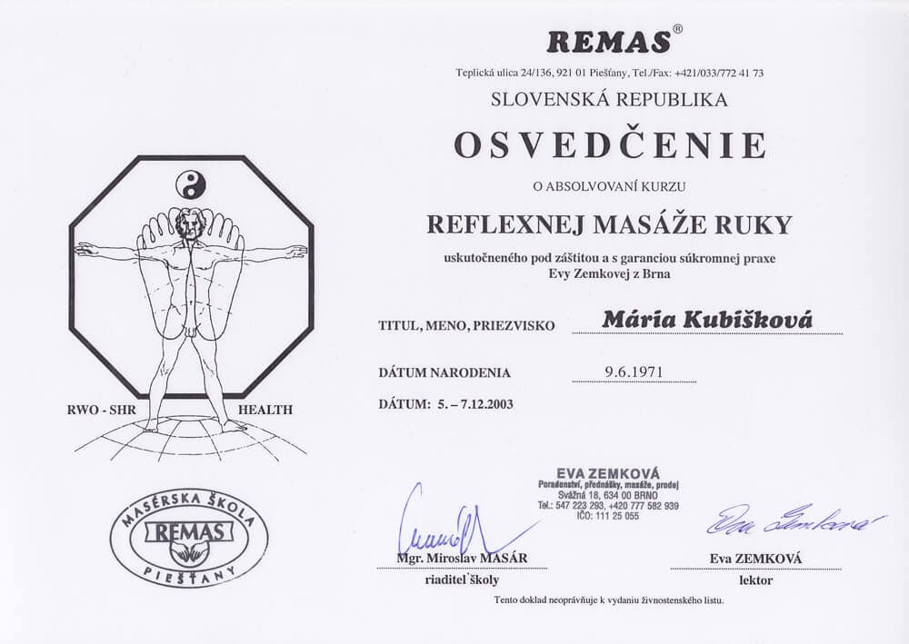 Certifikát Reflexná masáž ruky - Mária Kubišková, masérka Senec