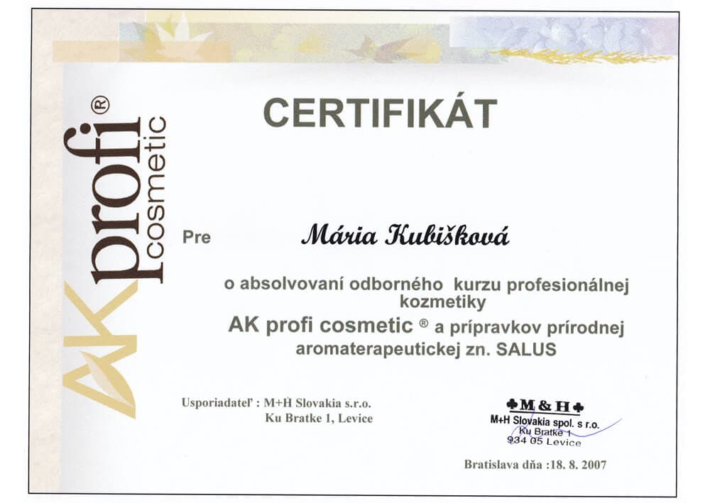Certifikát Salus - Mária Kubišková, masérka Senec