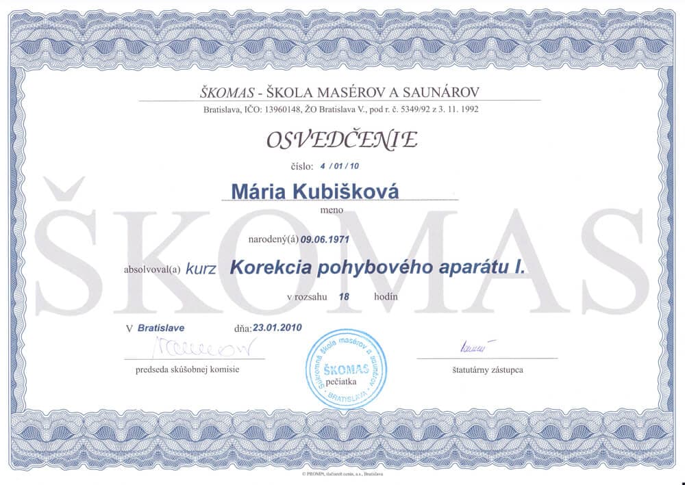 Certifikát Korekcia pohybového aparátu - Mária Kubišková, masérka Senec