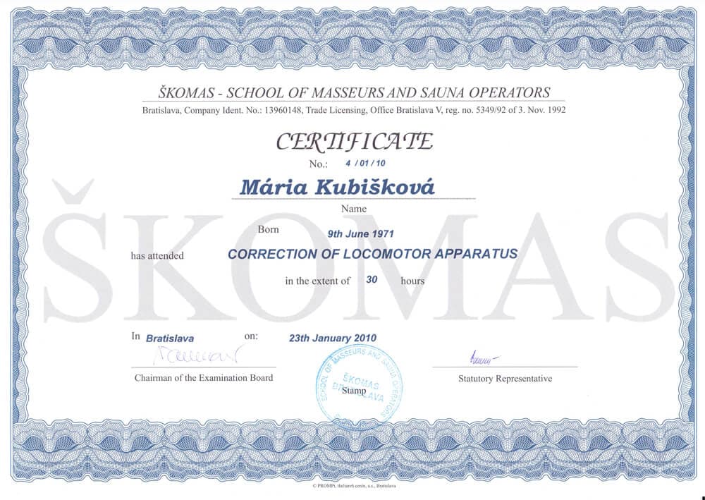 Certifikát Skomas Locomotor Apparatus - Mária Kubišková, masérka Senec