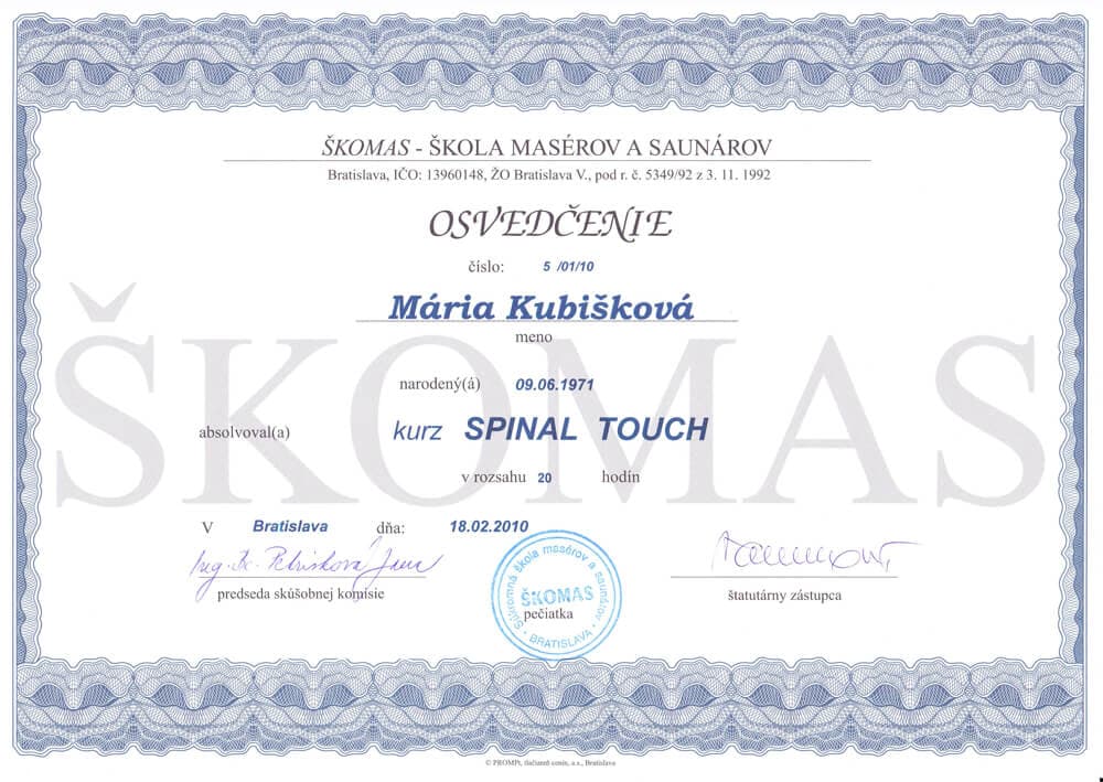 Certifikát Skomas Spinal Touch - Mária Kubišková, masérka Senec