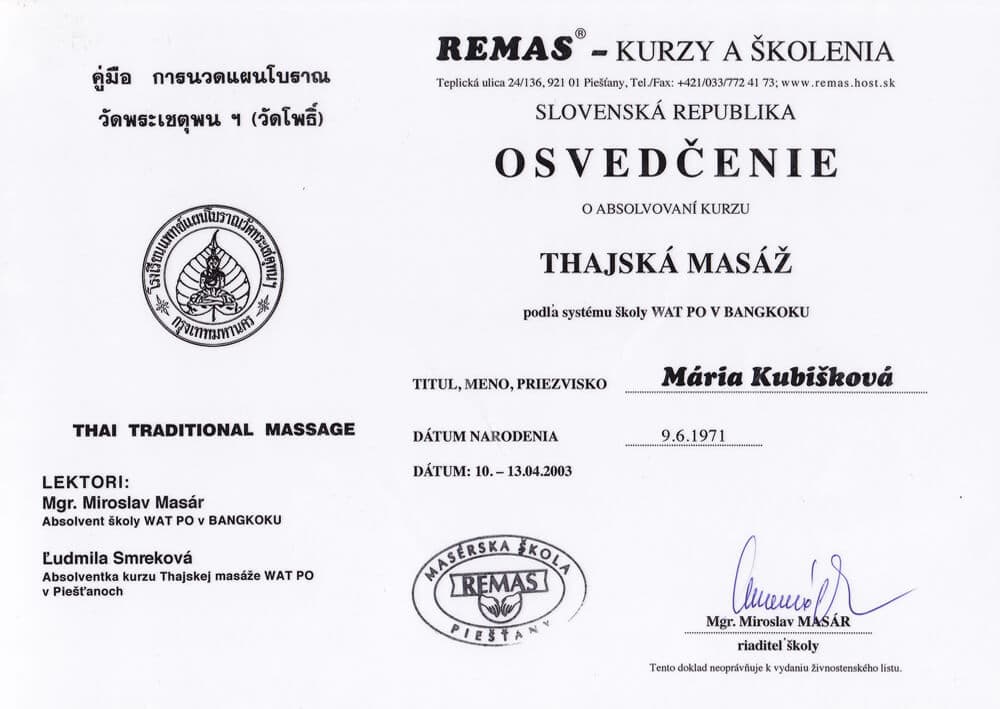 Certifikát Thajská masáž - Mária Kubišková, masérka Senec